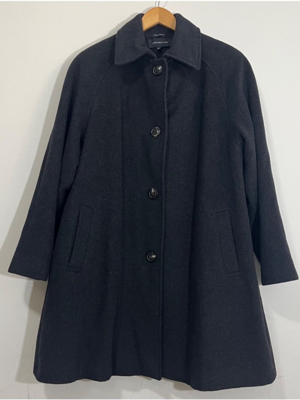 Jones New York Black Wool Blend 16W 1X Longline A-Line Car Coat Overcoat Elegant
